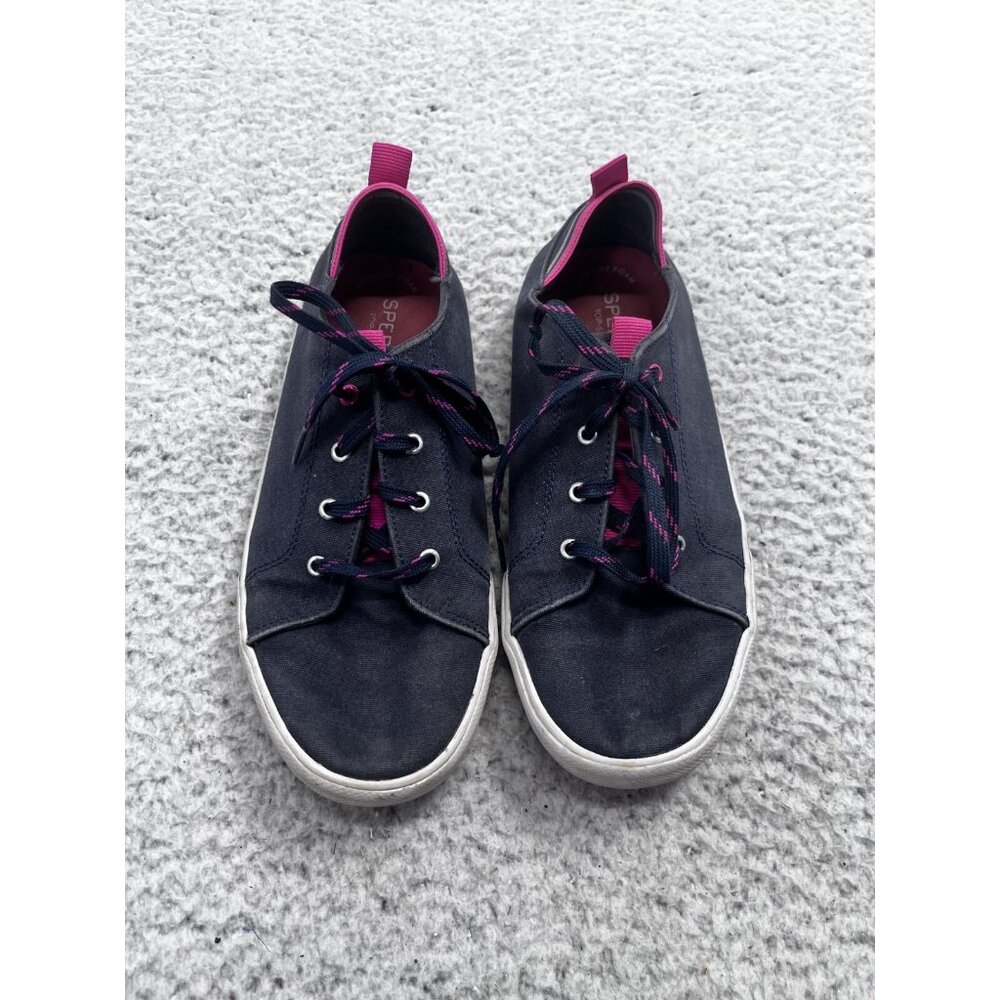 Girls Sperry Top Slider Navy Canvas Memory Foam Lace Up Casual Sneakers Size 5 M